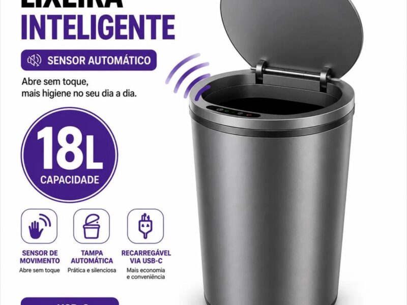 Lixeira Inteligente 18L Com Sensor Automático USB-C Para Cozinha Banheiro Cinza | Tampa Automática