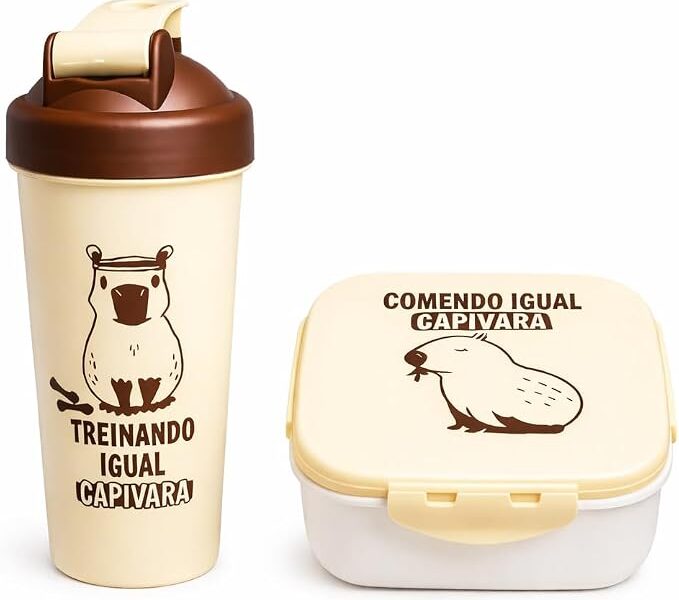 Marmita Capivara com Compartimentos + Garrafa Capivara Shakeira 600ml Bege e Marrom | Ideal para Academia, Trabalho e Refeições do Dia a Dia