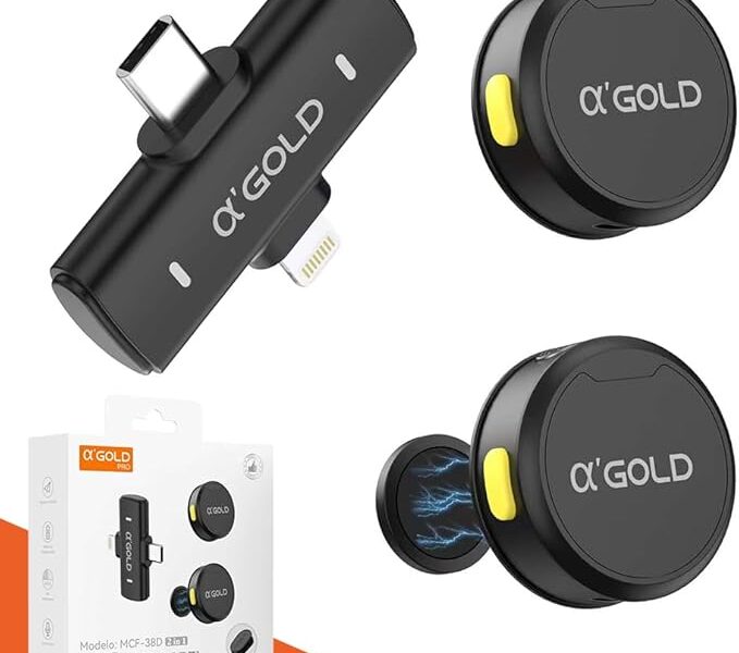 Microfone de Lapela Sem Fio Bluetooth Kit 2 Microfonones Abafamento de Ruído Até 10 Horas Tempo de Trabalho Compatível com Camera, iPhone, Android, PC – Conexão Android e USB-C – Linha AGold Premium