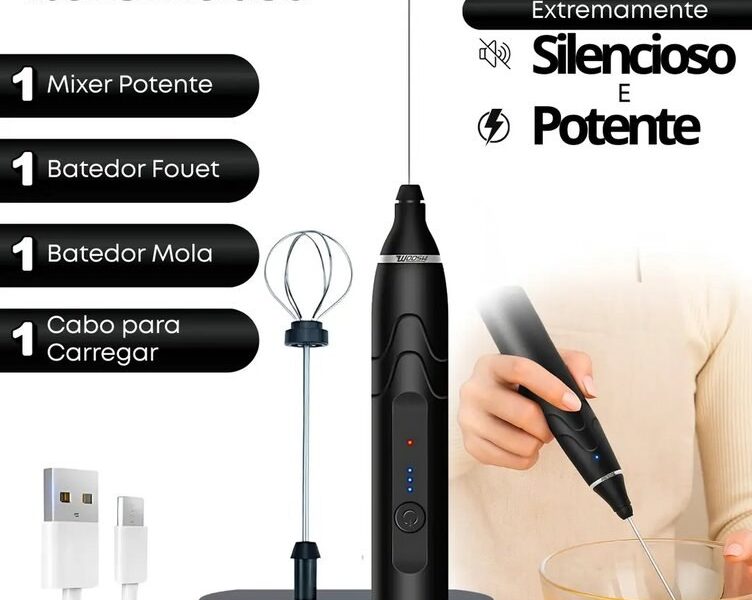 Mixer Elétrico Portátil 2 em 1 Recarregável Potente Misturador de Bebidas e Ovos 3 Velocidades Usb Batedor e Fue Fouet