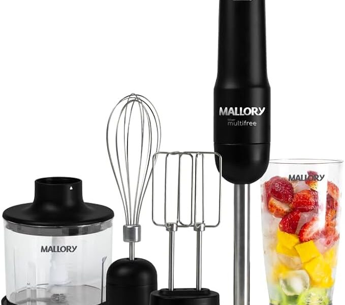 Mixer Mallory Multifree – 4 em 1, 14.000 RPM, Bateria de Longa Duração, Função Pulsar e Turbo, Lâminas de Aço Inox, Copo Ultra Resistente – Bivolt