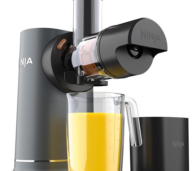 NINJA, Espremedor de pressão a frio NeverClog, controlo total de polpa, velocidade lenta, elétrico, 2 funções, inclui bandeja, jarro de 24 ml e recipiente de 36 Oz, cor de carbono, JC151