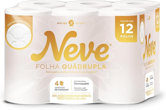 Neve Papel Higiênico Ultracomfort, Folha Quádrupla, 20m, 12 rolos