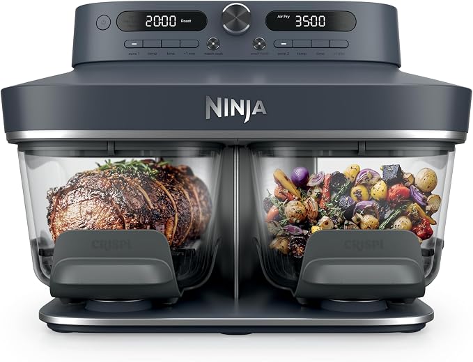 Ninja Fritadeira a ar de vidro 6 em 1 Crispi DualZone | Com recipientes e tampas não tóxicos, 2 recipientes e tampas de 4 qt | Pode ir ao micro-ondas, freezer e lava-louças | Temperatura máxima de 232