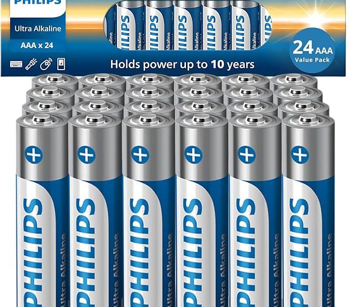 PHILIPS Pilhas AAA, pilhas AAA triplas ultra alcalinas, pacote com 24, baterias de 1,5 V, pacote de tamanho AAA, potência máxima de longa duração para dispositivos de alta drenagem, vida útil de 10