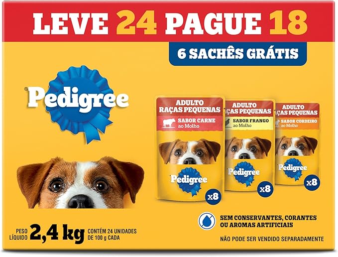 Pack Ração Úmida Pedigree Sachê Carne/Frango/Cordeiro para Cães Adultos de Raças Pequenas – Leve 24 Pague 18