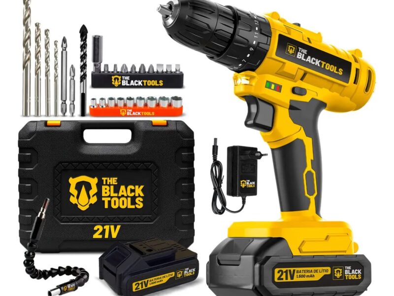 Parafusadeira Furadeira De Impacto A Bateria 21V 3/8” Bivolt 1400 Rpm Com Acessórios E Maleta TB-21PZW The Black Tools
