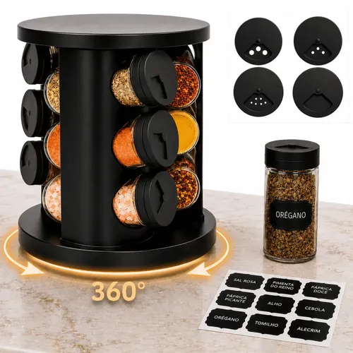 Porta Temperos Condimentos 9 Potes De Vidro Base Giratória 360° 9 Etiquetas Adesiva Organizador Cozinha Dosador Suporte Bancada Mesa Orégano Sal Páprica Pimenta Indue Variedades