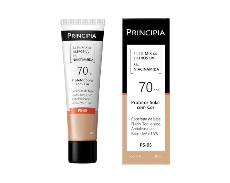 Protetor Solar Facial com cor 14,5% Mix de Filtros UV + 5% Niacinamida FPS 70 PS-05 Cor 2.0 com 30ml