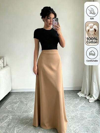 SHEIN Tall Saia Feminina em Linha A de Cor Sólida com Cintura Elástica