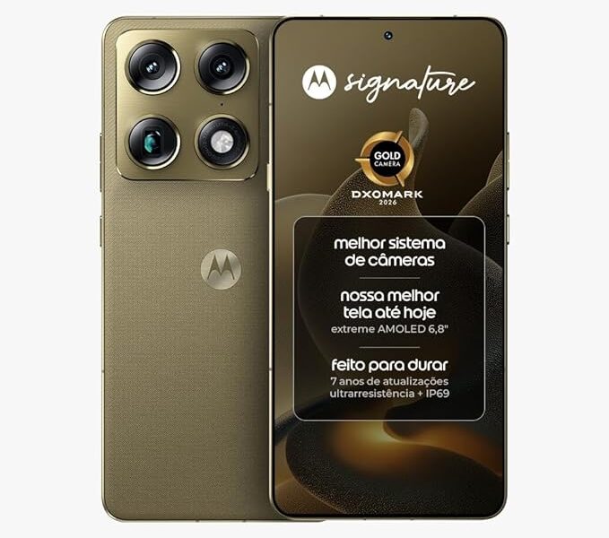Smartphone Motorola Signature 5G – 512GB 24GB (12GB RAM + 12GB RAM Boost), 3 cameras 50MP Sony Lytia e Zoom 100x, Tela 1.5K extreme Amoled 165hz – Verde Oliva