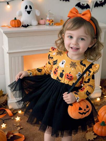 Souflis Vestido Tutu de Tule para Bebê Menina, Fofo, Laranja e Preto, Estampa de Abóbora e Fantasma, Babados, Manga Longa, Gola Redonda, Festa de Halloween, Outono, Primeiro Aniversário, Balé, com Tiara