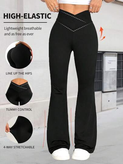 [Super] Calça Flare Elástica com Cruzamento, Calça Minimalista de Cintura Alta para Trabalho e Yoga, Legging Esportiva Casual Sexy, Elástica e Preta para Outono