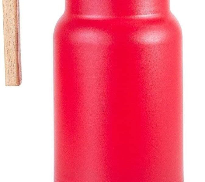 TERMOPRO Garrafa Termica 1 Litro Vermelha Wood Fashion Bule para Cafe Cha Suco com Ampola de Vidro Design Elegante Tampa Vedada e Cabo com Acabamento em Madeira