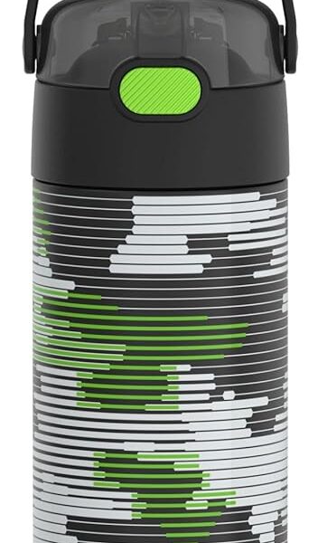 THERMOS FUNTAINER Garrafa de água com canudo – 340 g – Garrafa de água infantil isolada a vácuo de aço inoxidável com tampa, camuflagem em linha