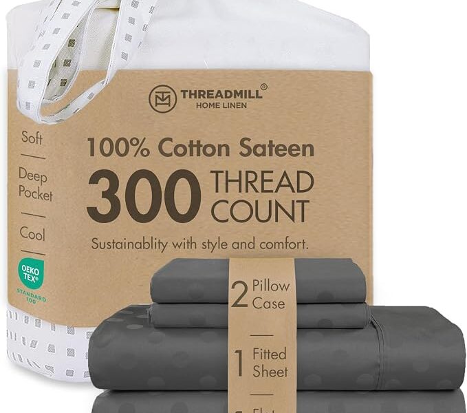 Threadmill Jogo de cama casal de algodão | 100% algodão para cama de casal | Conjunto de lençóis de casal Damasco Jacquard com bolso profundo de 40,6 cm | Conjunto de cama refrescante de 4 peças de