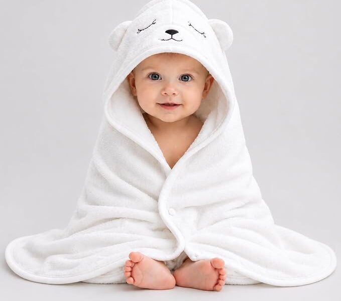 Toalha de Banho Bebê com Capuz 80×80 cm Toalha Infantil Macia e Absorvente (Creme claro-branco)