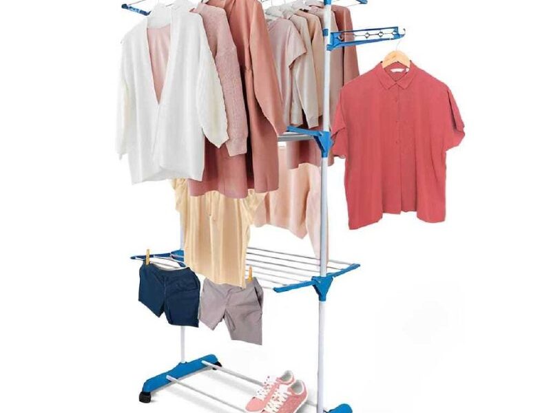 Varal de Chão de Roupas Dobrável Vertical com Abas 3 Níveis Portátil Grande 4 Rodas
