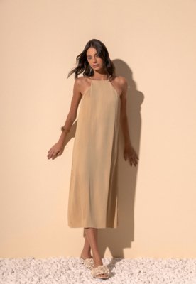 Vestido Feminino Lez a Lez Midi Alças Finas Bege
