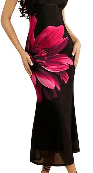 Vestidos longos femininos de malha floral, amarrados, costas nuas, sem mangas, colado ao corpo