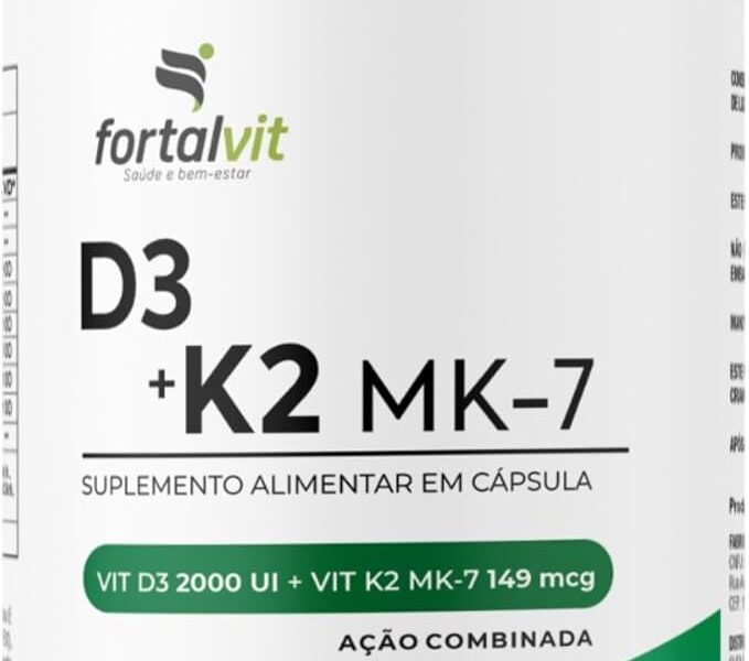 Vitamina D3 + K2 120 Cápsulas 4 Meses de Uso Longa Duração, 2000UI D3 149mcg Vitamina K2 MK-7, Fortalvit