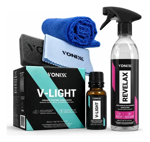 Vitrificador de Faróis Vonixx V-Light 20ml + Revelax Limpeza e Proteção