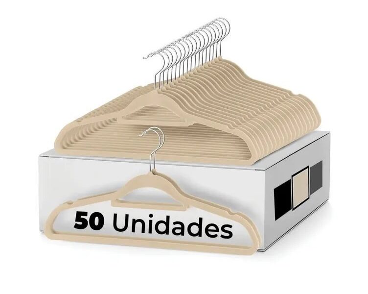 Vittak Kit 50 Cabides Veludo Adulto Slim Antideslizante Organizador Roupas Cor Bege