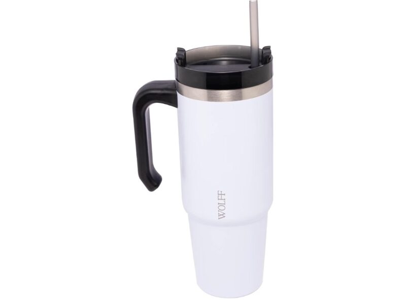WOLFF – Caneca Térmica Parede Dupla SlimTerm com Base Ergonômica e Canudo Branca 890ml