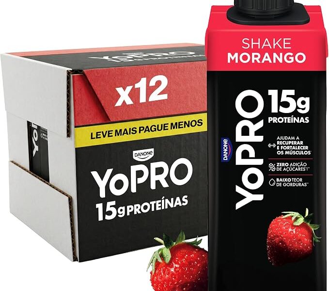 YoPRO Bebida Láctea UHT Morango – 15g de Proteínas, Líquido, Caixinha Tetra Pak 250ml (Pack com 12 unidades)