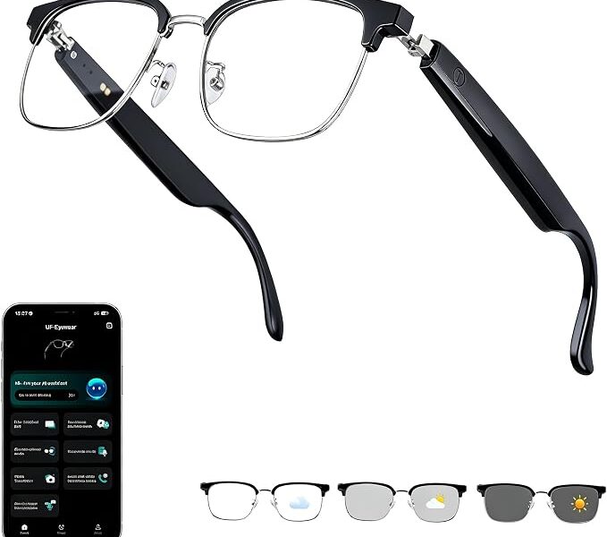 Óculos inteligentes AI, óculos de áudio Bluetooth com tradutor em tempo real para 164 idiomas, aplicativo gratuito, lente fotocromática, música/chamada, dobradiças de mola, óculos de tradução unissex