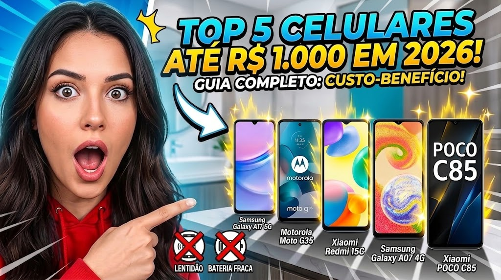 📱 Samsung Galaxy A17 5G
Título SEO: Samsung Galaxy A17 5G barato e potente
Meta Description: Descubra o Samsung Galaxy A17 5G com tela AMOLED, câmera de 50 MP e bateria de 5.000 mAh. O melhor celular até R$ 1.000 em 2026.
📱 Motorola Moto G35
Título SEO: Motorola Moto G35 custo-benefício
Meta Description: Conheça o Moto G35 com tela de 120 Hz, câmera 50 MP e bateria duradoura. Um dos melhores celulares baratos de 2026.
📱 Xiaomi Redmi 15C
Título SEO: Xiaomi Redmi 15C bateria poderosa
Meta Description: O Redmi 15C traz bateria de 6.000 mAh, tela ampla e ótimo desempenho. Ideal para quem busca celular barato com autonomia.
📱 Samsung Galaxy A07 4G
Título SEO: Samsung Galaxy A07 acessível e confiável
Meta Description: O Galaxy A07 4G oferece tela de 6,7", bateria de 5.000 mAh e suporte prolongado. Celular barato e durável até R$ 1.000.
📱 Xiaomi POCO C85
Título SEO: Xiaomi POCO C85 desempenho e bateria
Meta Description: O POCO C85 combina bateria de 6.000 mAh, tela fluida e ótimo custo-benefício. Um dos melhores celulares baratos de 2026.
