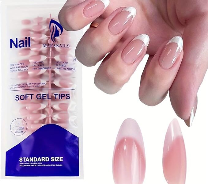 120 peças unhas postiças de ponta francesa em forma de amêndoa, nude rosa e branco, unhas postiças brilhantes de comprimento médio para mulheres, manicure faça você mesmo