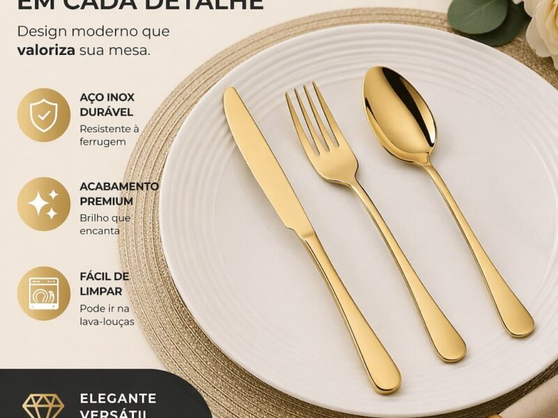 18 Peças Talheres Ouro De Aço Inox Garfo Colher Faca Colher De Mesa
