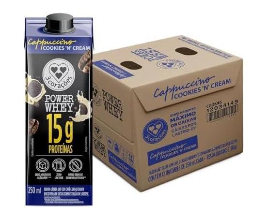 3 Corações Bebida Láctea Cappuccino Power Whey Cookies n’Cream 15g de Proteína com Cafeína 250ml – 12 unidades, Líquido