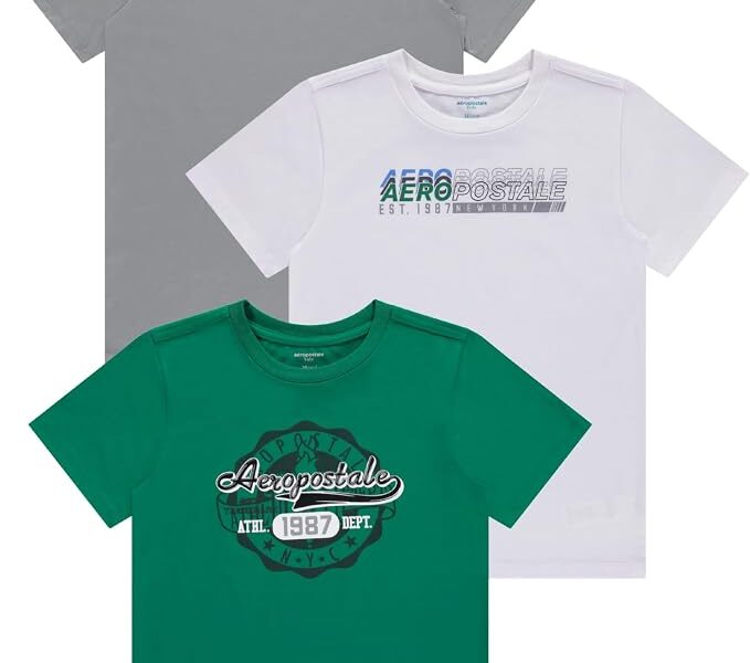 AEROPOSTALE Camisetas para meninos, pacote com 3 – camisetas de manga curta para meninos, camisetas gráficas juvenis de mistura de algodão (tamanho 4-16)