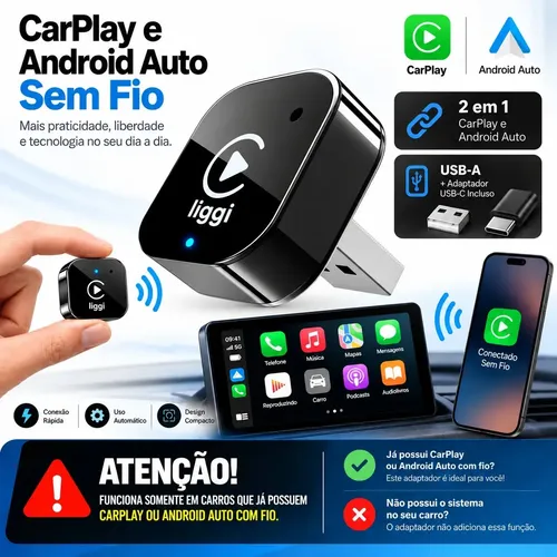 Adaptador CarPlay Sem Fio Android Auto 2 Em 1 USB Wireless Car Play Automático Liggi