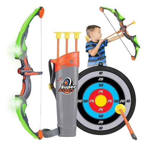 Arco e Flecha Brinquedos Meninos 5-7 Anos Fantasia Ventosa Infantil Led C/alvo Bolsa
