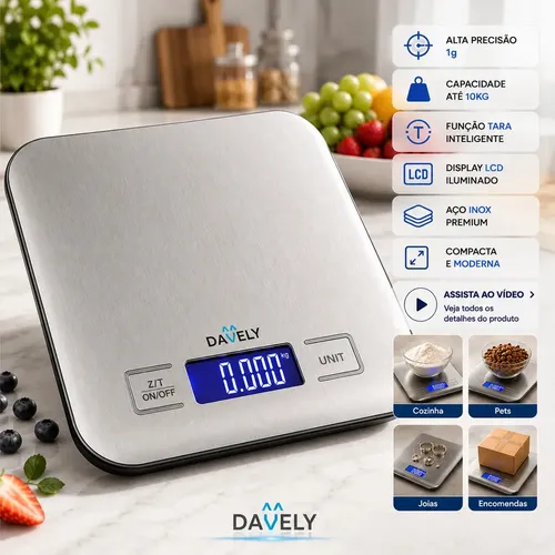 Balança Digital Cozinha 10kg Touch Alta Precisão Portátil Balança de Cozinha Profissional Para Pesar Alimentos Confeitaria Dieta Fitness Nutricional Eletrônica Display LCD Aço Inox Função Tara Davely