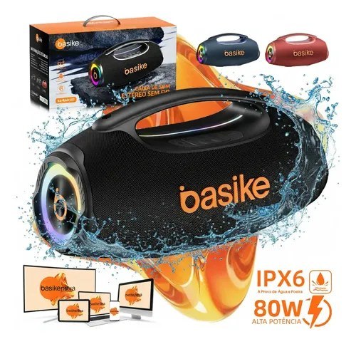 Basike Caixa de Som Portátil Com Bluetooth Boombox 80W 8000Mah 10hrs Sem fio IPX6 À Prova D&quotágua Com Bateria Recarregavel Luz RGB Hifi TWS Bass Forte Áudio de Alta Qualid Para TV Festa Casa Subwoofer