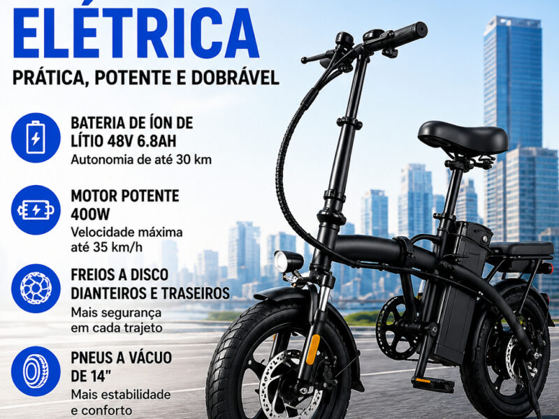 Bicicleta Elétrica Dobrável 400W 48V Bateria de Lítio Removível Até 35km/h Autonomia 30km Freio a Disco