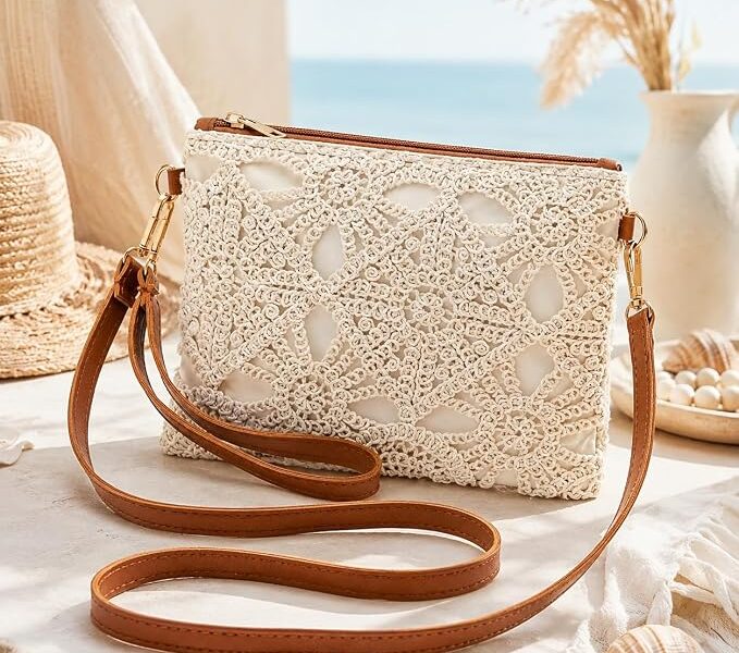 Bolsa feminina de renda de renda boho de crochê com alça marrom removível de couro sintético, elegante bolsa de mão para férias de verão