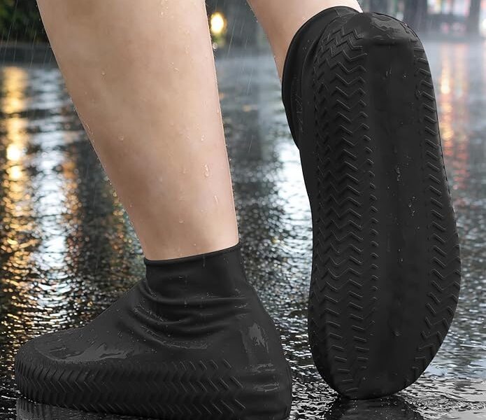 Botas de chuva impermeáveis para mulheres e homens, capa de chuva de silicone antiderrapante reutilizável, calçados de chuva, uso ao ar livre, ciclismo, ciclismo, caminhada, Preto, Large Wide