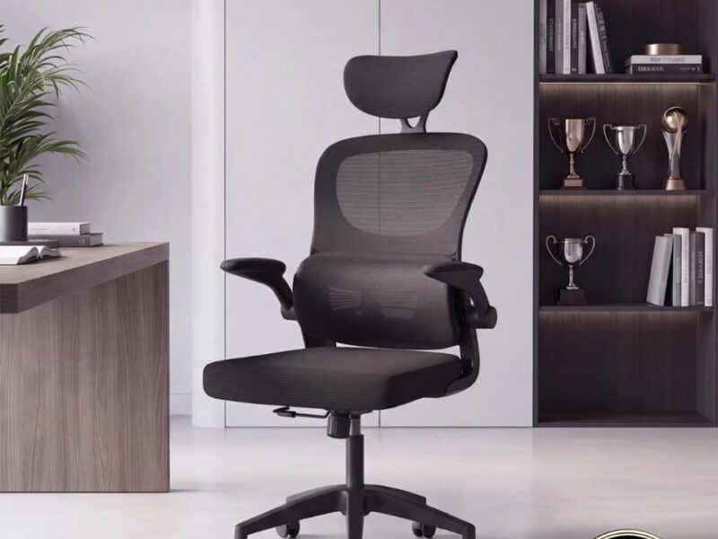 Cadeira de Escritório Ergonômica Com Apoio Lombar e Apoio de Cabeça Cinza com estofado de mesh