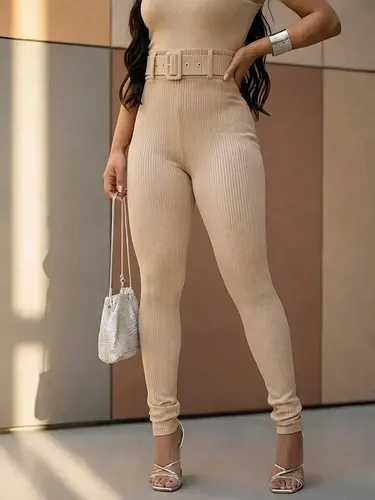 Calça Canelada Legging Feminina Skin 3d Cinto Cintura Alta