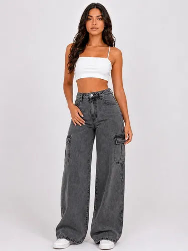 Calça Cargo Feminina Wide Leg Cintura Alta Jeans Stillger