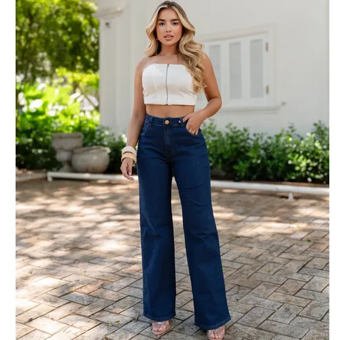 Calça Jeans Wide Leg Lycra Premium Cintura Alta Blogueira