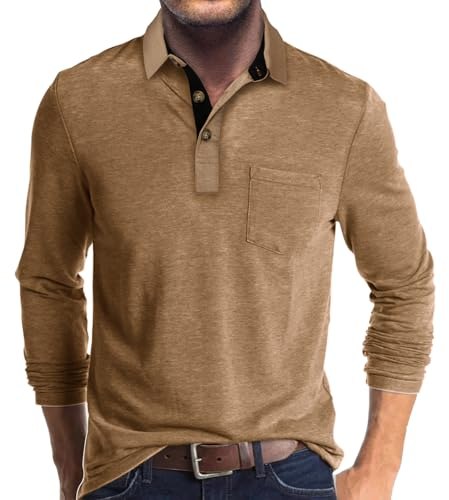Camisas polo masculinas casuais clássicas de manga curta/longa, gola de botão, camisetas de golfe de algodão com bolso