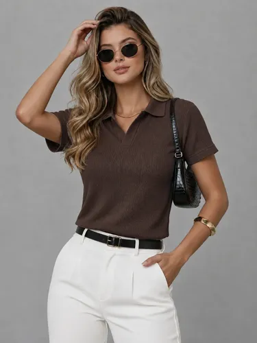Camiseta Polo Wafle Feminina Texturizada Sem Botão