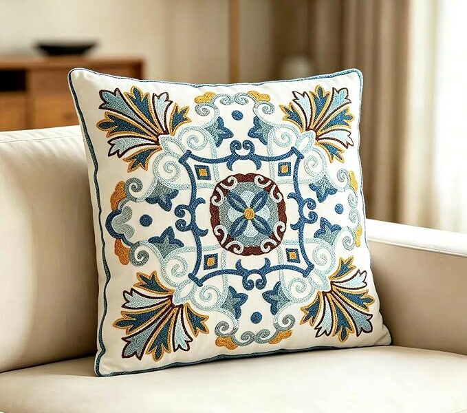Capa de almofada de lona de algodão bordada de 45,7 cm x 45,7 cm, almofada decorativa estilo floral pastoral para sofá e quarto