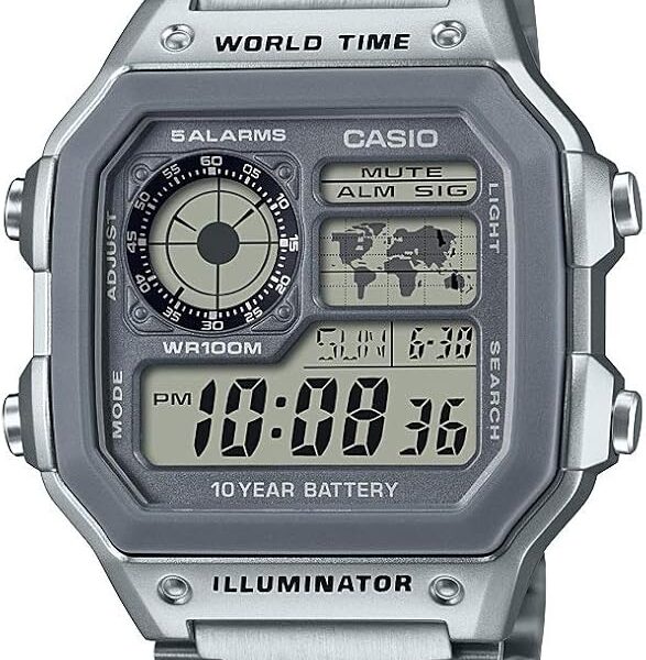 Casio Série AE1200WH | Relógio digital masculino | 100 m WR | Multi Alarmes | Cronômetro de 100 SEC | Temporizador de contagem regressiva | Mapa do mundo | Luz LED | Visor analógico LC | Bateria de 10